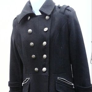Guess women L black fitted gothic  pea coat  wool
